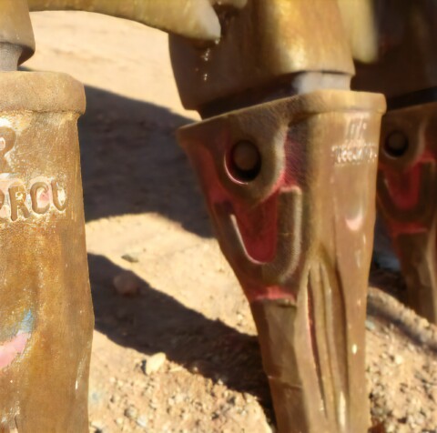 Збільшене зображення зубів екскаватора, виготовлених з металу.