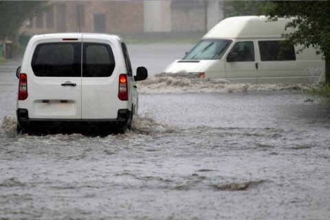 Два білих мікроавтобуси рухаються по затопленій дорозі.