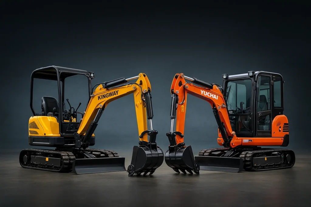 Міні-екскаватори Kingway та Yuchai, розташовані поруч на темному тлі