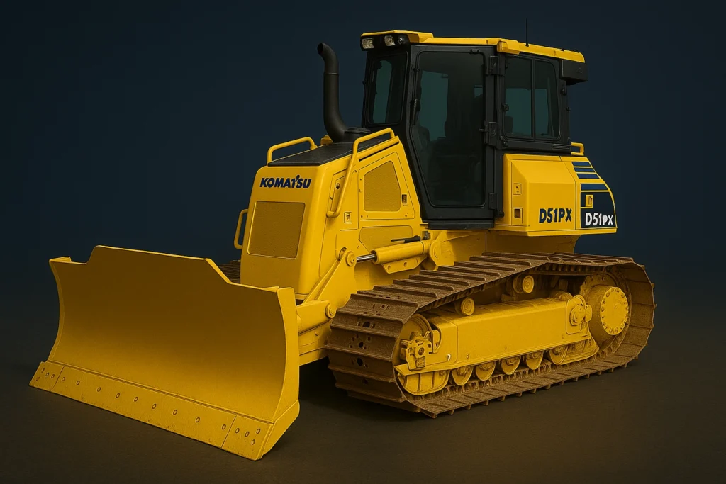 Бульдозер Komatsu D51PX, вид спереду та збоку, жовта гусенична машина з широким відвалом